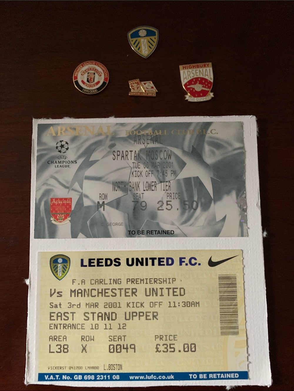 English Soccer UEFA Match Tickets & Badges Manchester United, Arsenal, Leeds